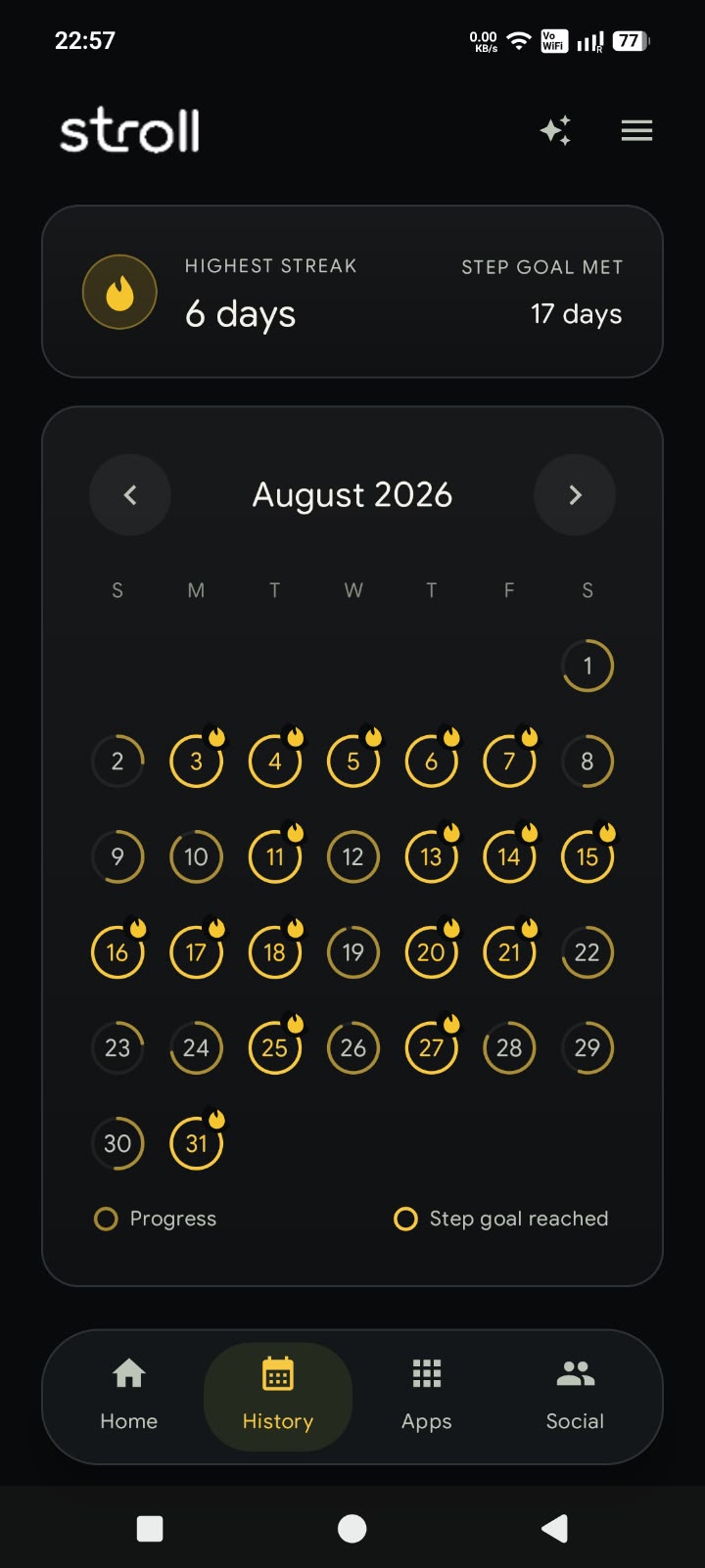 Stroll history screen showing past steps and screen time
