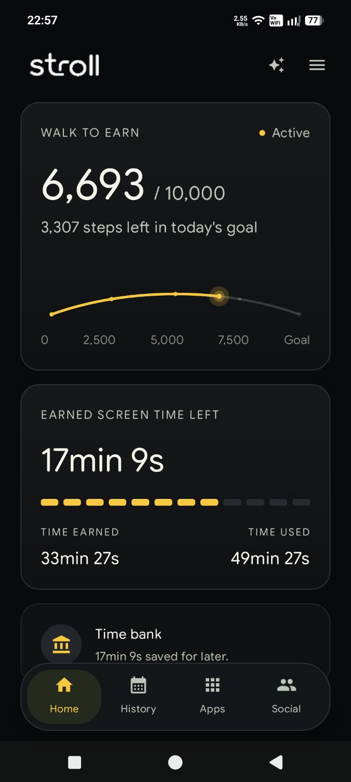 Stroll home screen showing today's steps and earned minutes