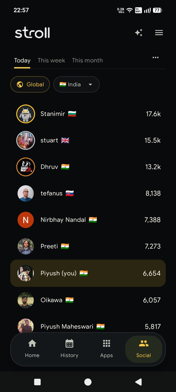 Stroll global leaderboard showing daily step rankings