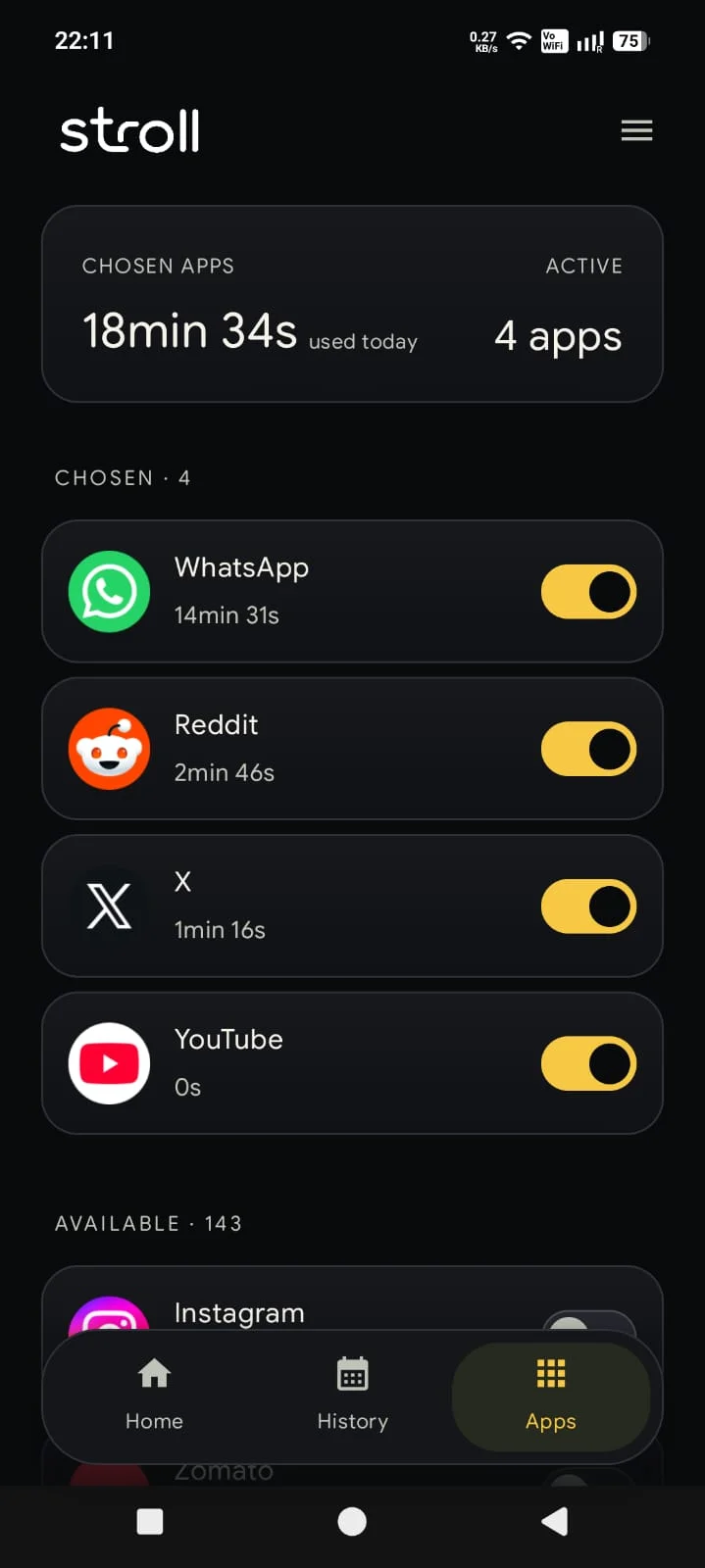 Stroll screen time tracker for selected apps